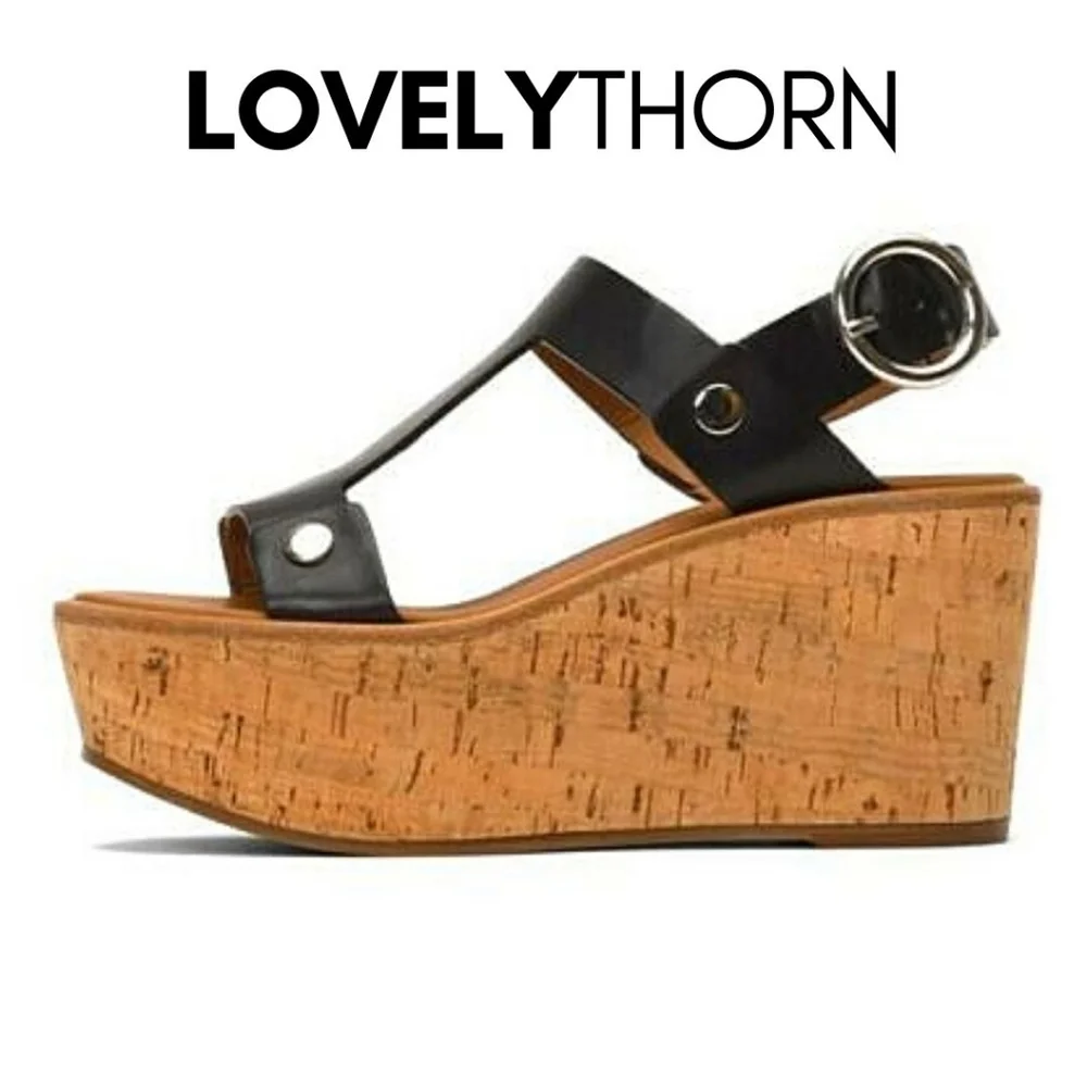 FRYE // dahlia black leather upper rivet detail platform cork wedge sandals